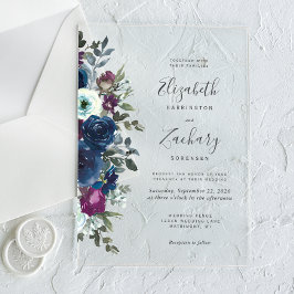 Waterverf Floral Plum Navy Blue Wedding Acryl Uitnodigingen