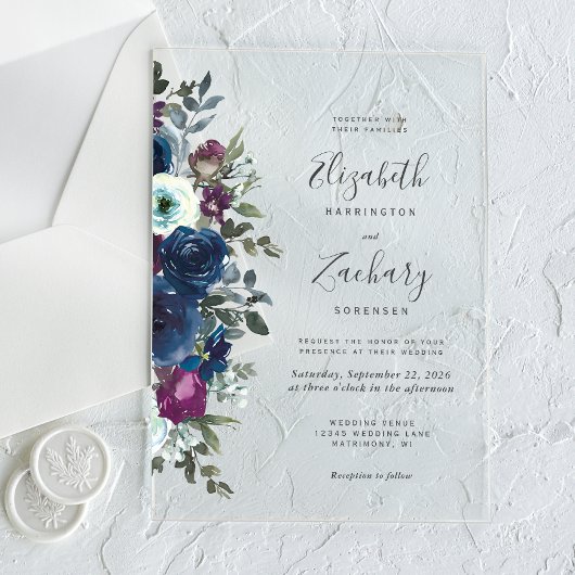 Waterverf Floral Plum Navy Blue Wedding Acryl Uitnodigingen