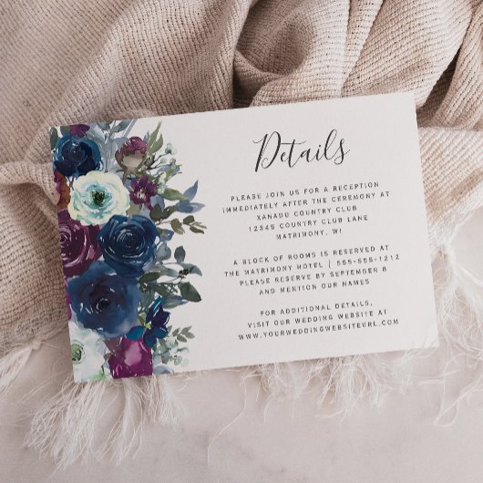 Waterverf Floral Plum Navy Blue Wedding Details Informatiekaartje