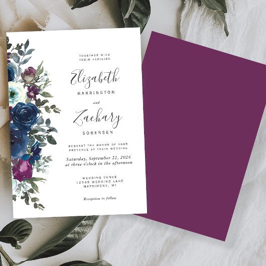 Waterverf Floral Plum Navy Blue Wedding Kaart