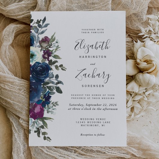 Waterverf Floral Plum Navy Blue Wedding Kaart