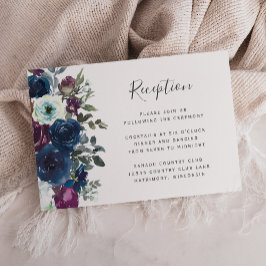 Waterverf Floral Plum Navy Blue Wedding Reception Informatiekaartje
