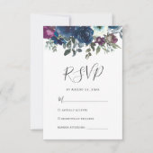 Waterverf Floral Plum Navy Blue Wedding RSVP Kaartje (Voorkant)