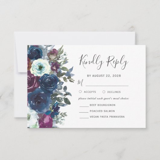 Waterverf Floral Plum Navy Blue Wedding RSVP Kaartje (Voorkant)