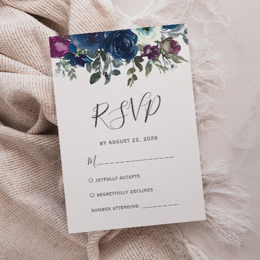Waterverf Floral Plum Navy Blue Wedding RSVP Kaartje