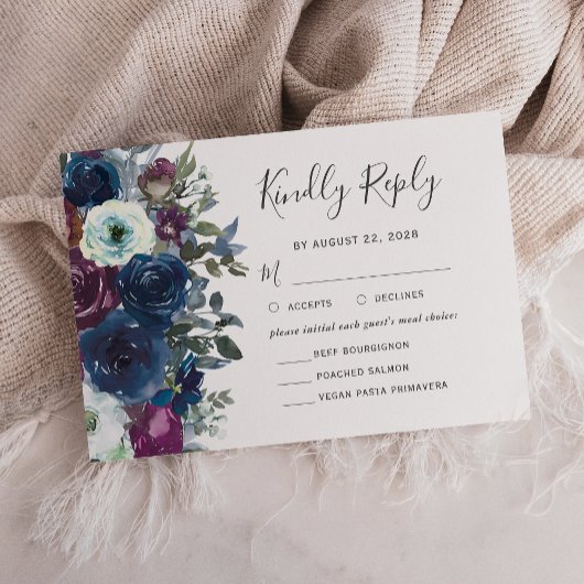 Waterverf Floral Plum Navy Blue Wedding RSVP Kaartje