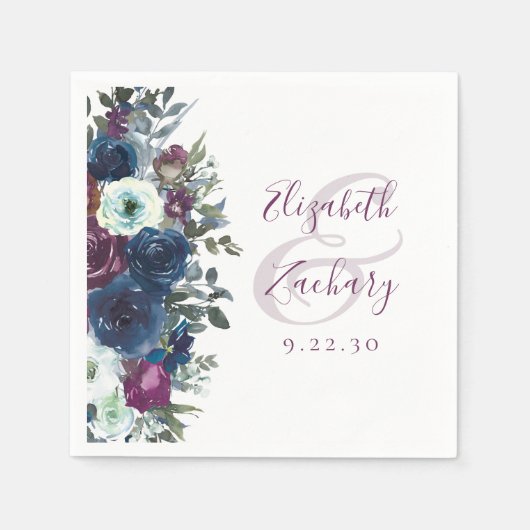 Waterverf Floral Plum Navy Blue Wedding Servet (Voorkant)