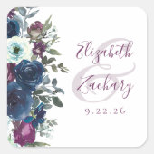 Waterverf Floral Plum Navy Blue Wedding Vierkante Sticker (Voorkant)