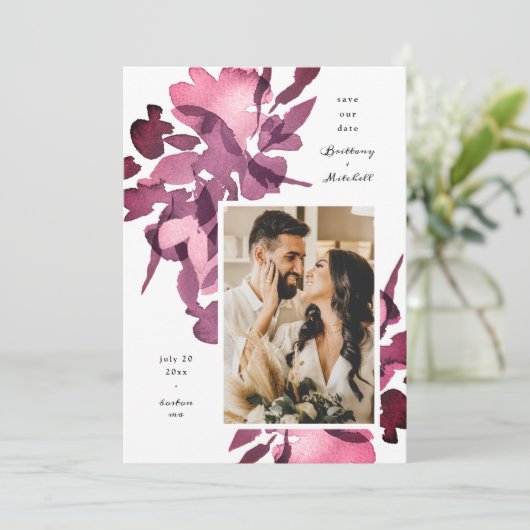 Waterverf Floral Plum Photo Save the Date Kaart (Staand voorkant)
