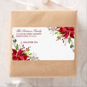 Waterverf Floral Poinsettia Holiday Red Mailing Etiket