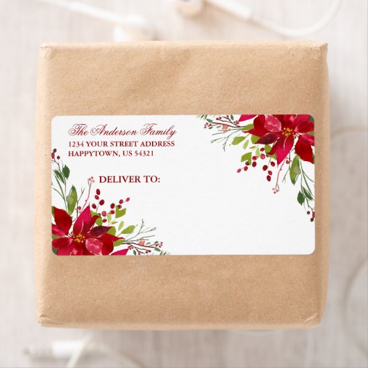 Waterverf Floral Poinsettia Holiday Red Mailing Etiket (Insitu)