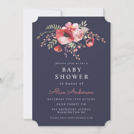 Waterverf Floral Poppies Baby shower Invite Kaart (Voorkant)