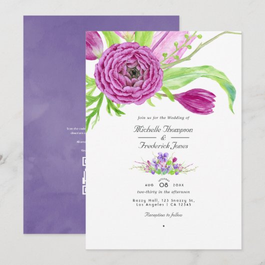 Waterverf Floral QR Code RSVP Spring Wedding Kaart (Voorkant / Achterkant)
