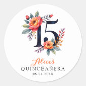 Waterverf Floral Quinceanera 15e verjaardag Ronde Sticker (Voorkant)