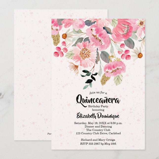 Waterverf Floral Quinceañera Birthday - Uitnodigin (Voorkant / Achterkant)