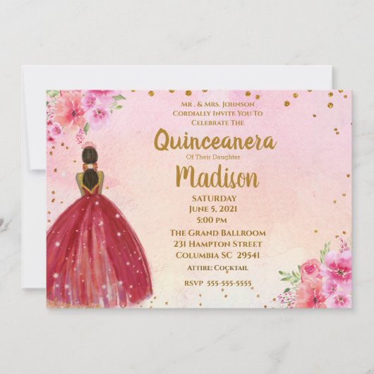 Waterverf Floral Quinceanera Kaart (Voorkant)