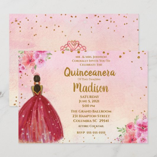 Waterverf Floral Quinceanera Kaart (Voorkant / Achterkant)