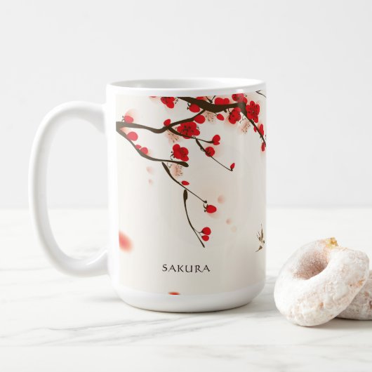 Waterverf Floral Red Cherry Blossoms gepersonalise Koffiemok (Met donut)