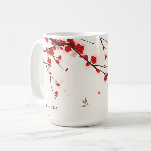 Waterverf Floral Red Cherry Blossoms gepersonalise Koffiemok (Voorkant links)