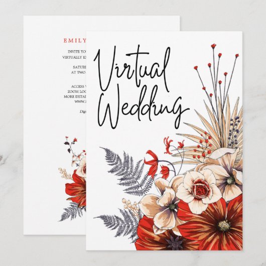 Waterverf Floral Red Cream Virtual Wedding Kaart (Voorkant / Achterkant)