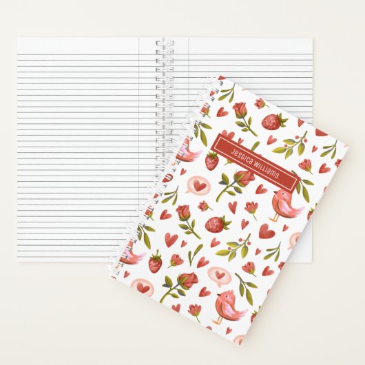  Waterverf Floral Red Roses Bird Pattern Notitieboek (Binnen)