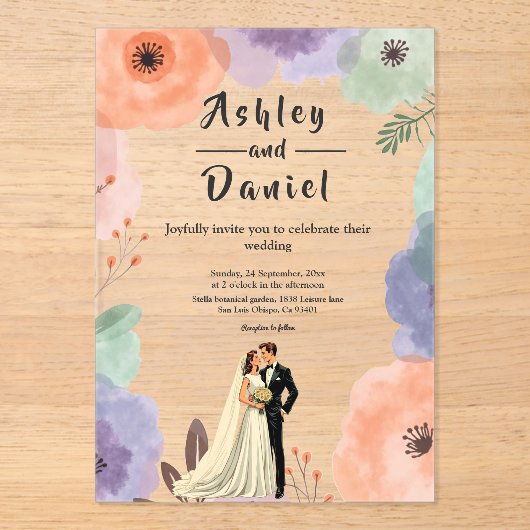 Waterverf Floral Romantisch Paar Elegante bruiloft Acryl Uitnodigingen (Voorkant)