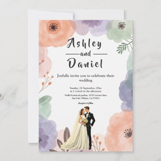 Waterverf Floral Romantisch Paar Elegante bruiloft Kaart (Voorkant)