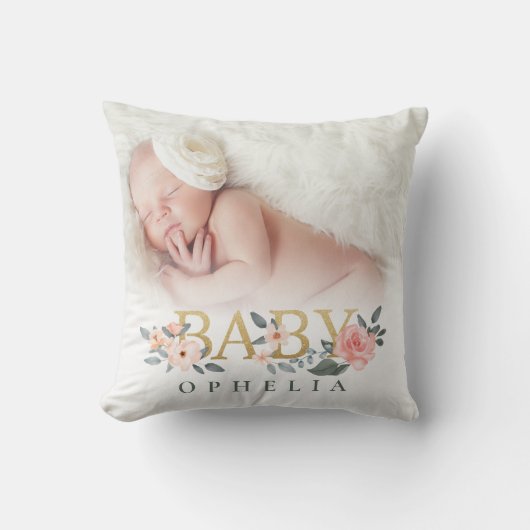 Waterverf Floral Roos Baby Foto Aangepaste naam Kussen (Voorkant)