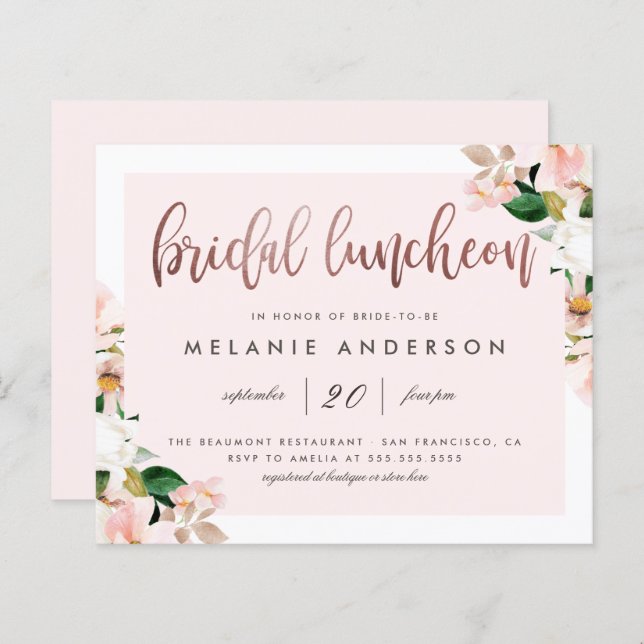 Waterverf Floral Roos Gold Bridal Luncheon (Voorkant / Achterkant)