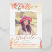 Waterverf Floral Roos Gold Foto Afstuderen Folie Uitnodiging (Voorkant)