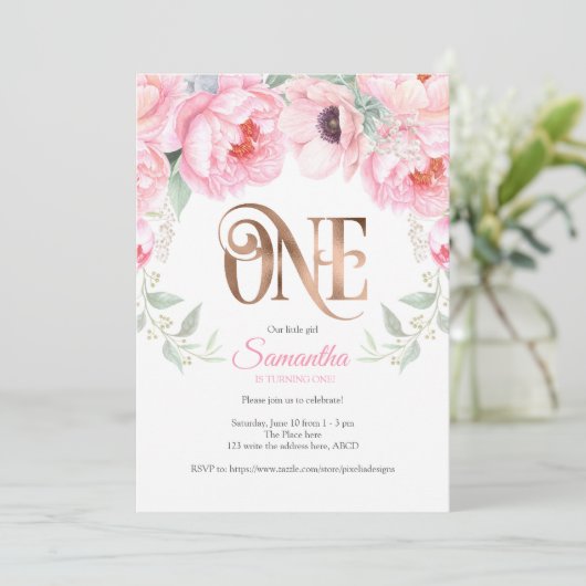 Waterverf Floral, Roos goud, meisje, eerste verjaa Kaart (Staand voorkant)