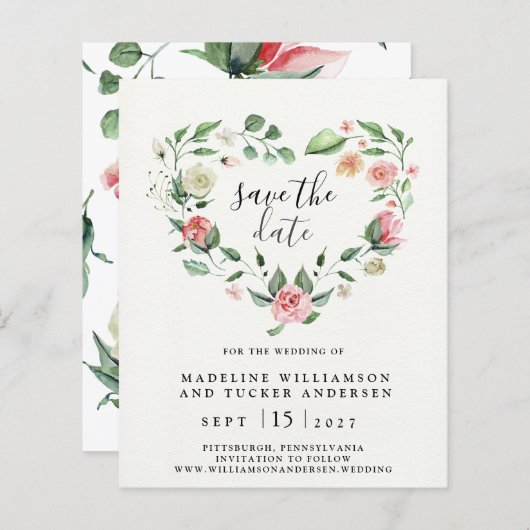 Waterverf Floral Roos Hart Opslaan Datum (Voorkant / Achterkant)