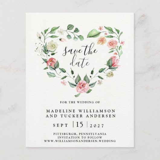 Waterverf Floral Roos Hart Opslaan Datum (Voorkant)