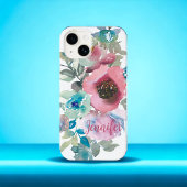 Waterverf Floral Roos Roze Stusty Blue Custom Name Case-Mate iPhone Case