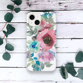 Waterverf Floral Roos Roze Stusty Blue Custom Name Case-Mate iPhone Case