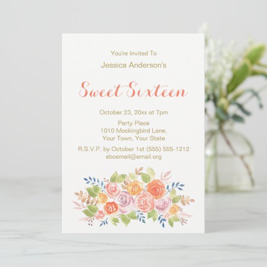 Waterverf Floral Roos Rustic Gold Sweet 16 Kaart (Staand voorkant)