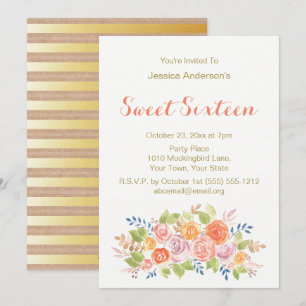 Waterverf Floral Roos Rustic Gold Sweet 16 Kaart