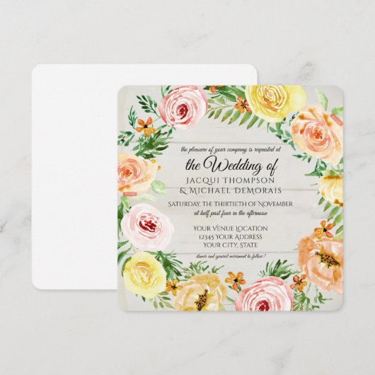 Waterverf Floral Roos Wreator Rozen Rustic Wood Kaart (Voorkant / Achterkant)