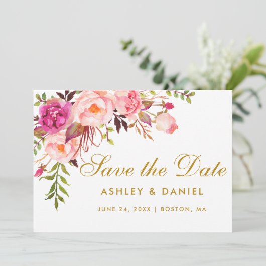 Waterverf Floral roze goud sparen de Datum Save The Date (Staand voorkant)