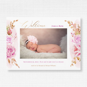 Waterverf Floral roze Roses Baby Girl Foto geboort Aankondiging