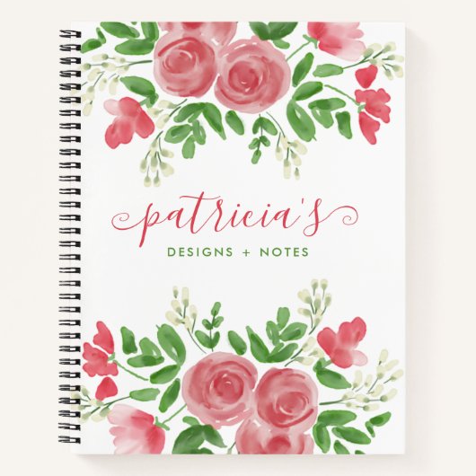  Waterverf Floral roze Roses Script Name Notitieboek (Voorkant)