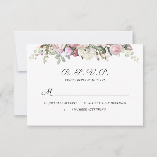 Waterverf Floral roze rozen bruiloft RSVP Kaartje (Voorkant)
