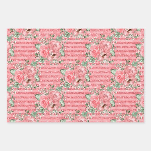Waterverf Floral roze rozen & glitter stripes Inpakpapier Vel (Voorkant 2)