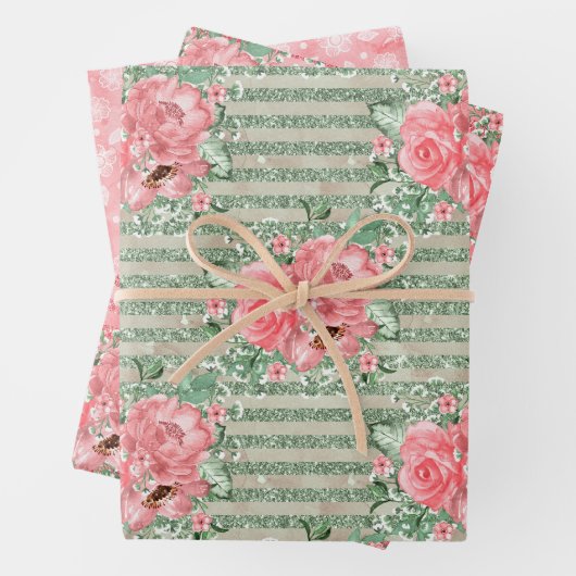 Waterverf Floral roze rozen & glitter stripes Inpakpapier Vel (In situ)