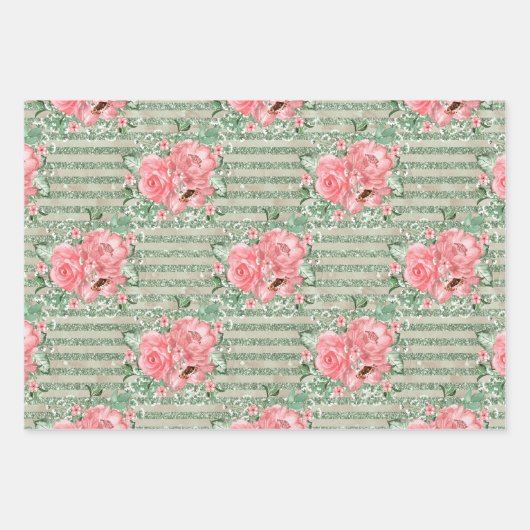 Waterverf Floral roze rozen & glitter stripes Inpakpapier Vel (Voorkant)