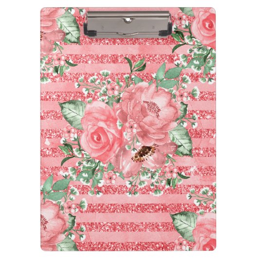 Waterverf Floral roze rozen & glitter stripes Klembord (Voorkant)