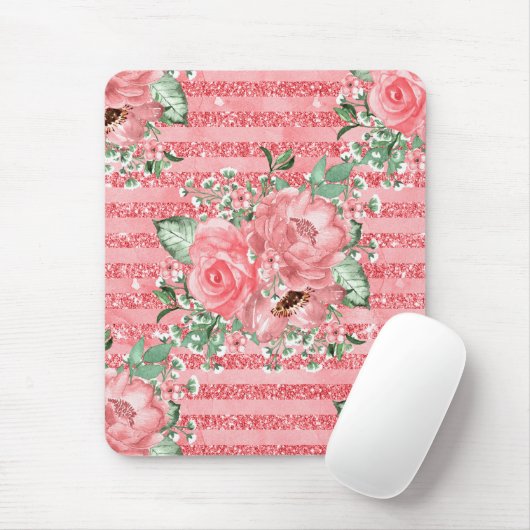 Waterverf Floral roze rozen & glitter stripes Muismat (Met muis)