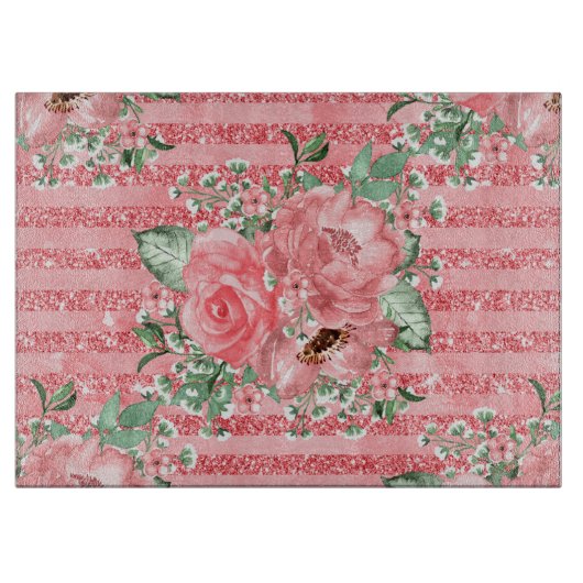 Waterverf Floral roze rozen & glitter stripes Snijplank (Voorkant)
