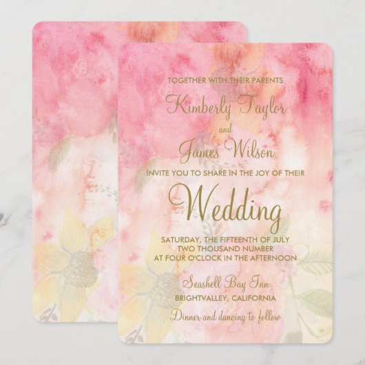 Waterverf Floral roze uitnodiging voor een huwelij (Voorkant / Achterkant)