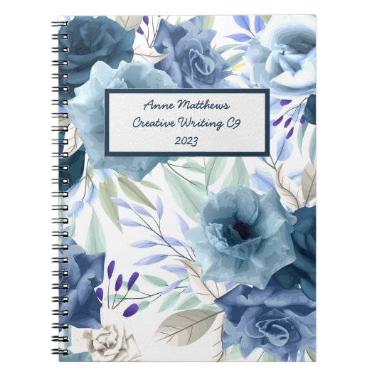 Waterverf Floral Rozen Navy Powder Blue Name Notitieboek (Voorkant)
